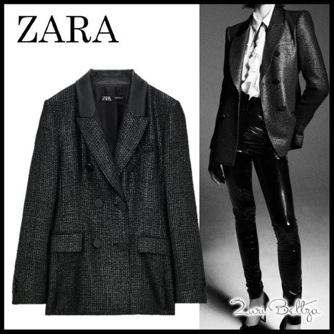Zara Black And Silver Faux Leather Contrast Double Breasted Blazer